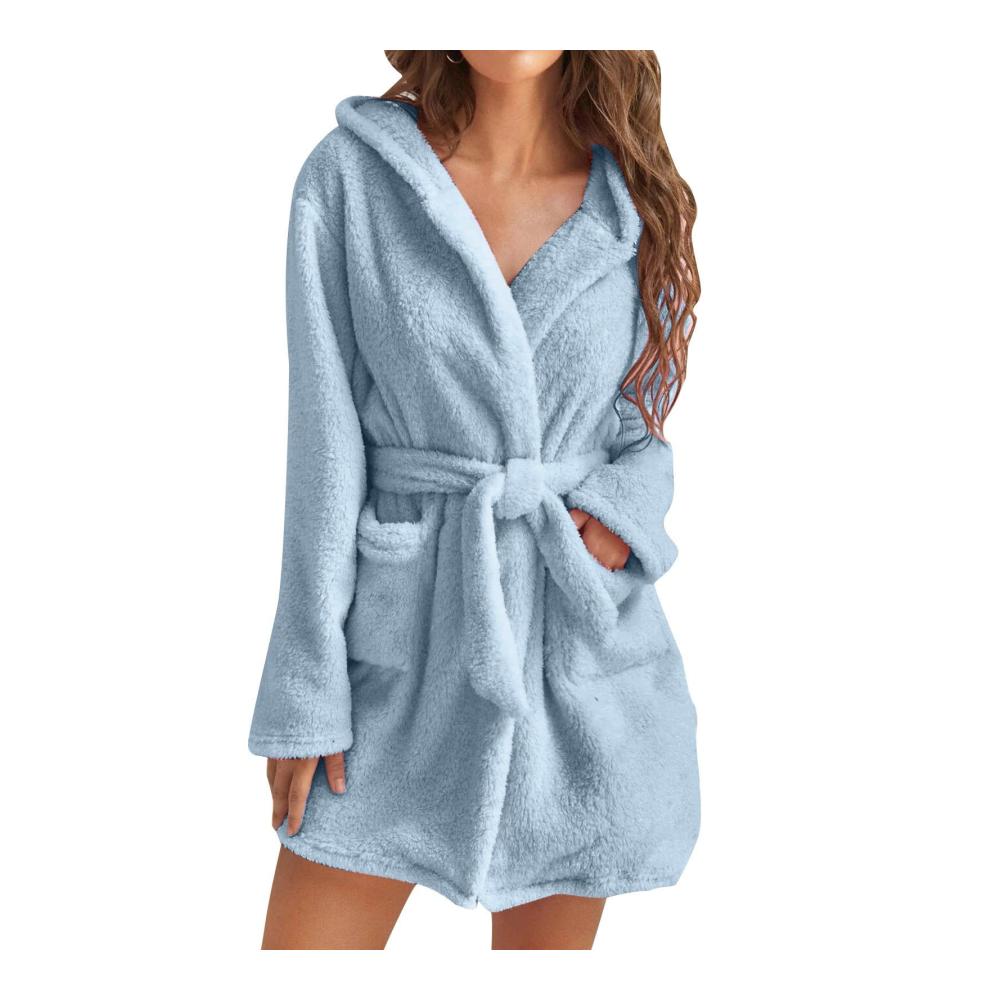 Gemütlicher Damen Fleece-Bademantel mit Kapuze für puren Luxus Leicht weich & kuschelig. Der ideale Pyjama-Partner für entspannte Stunden zuhause