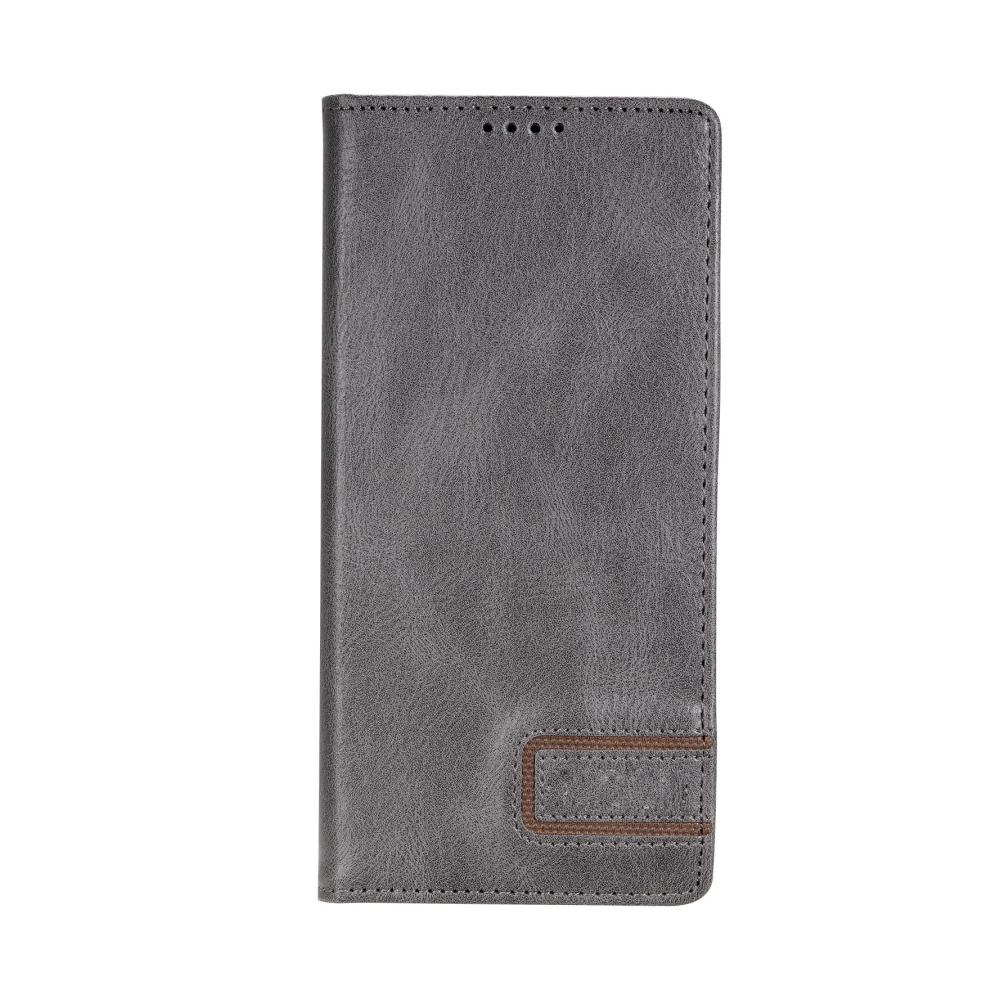 Stilvoller Schutz Premium Leder Kreditkartenhülle für iPhone 14 Serie - Magnetische Abdeckung RFID-Blockierung Ständerfunktion - Grau 14.6 Zoll