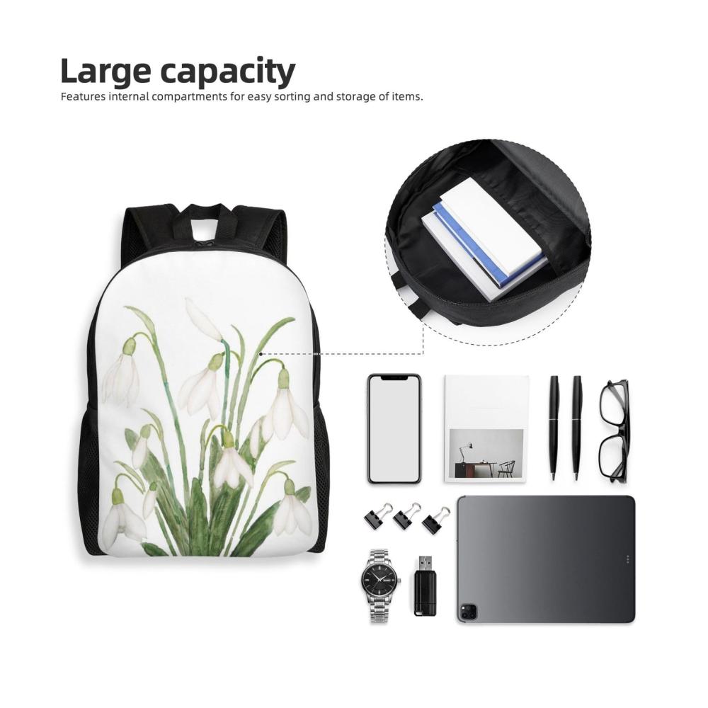 Entdecke den perfekten Begleiter für deine Abenteuer mit unserem leichten Tagesrucksack! Ideal für Schule Wandern Reisen und Camping. Unisex-Design mit weißen Schneeglöckchen-Blumen