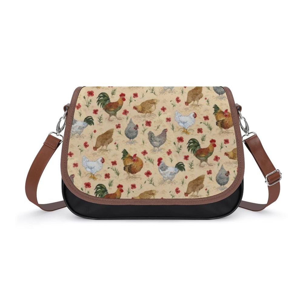 Einzigartige Leder Umhängetasche Stilvolle Crossbody Tasche für Frauen mit vielen Funktionen und verstellbaren Trägern | Hühnermotiv | 31 x 11 x 22cm