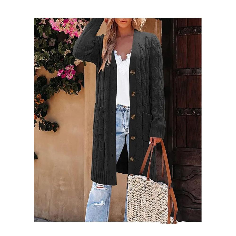 Damen Pullover Twist Pocket Knit Winterstrickjacke Strickjacke Sweater Jacke Lange Einreiher