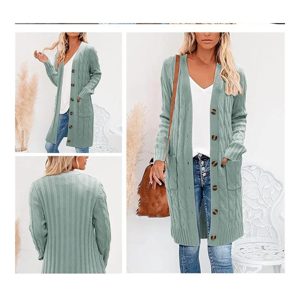 Damen Pullover Twist Pocket Knit Winterstrickjacke Strickjacke Sweater Jacke Lange Einreiher
