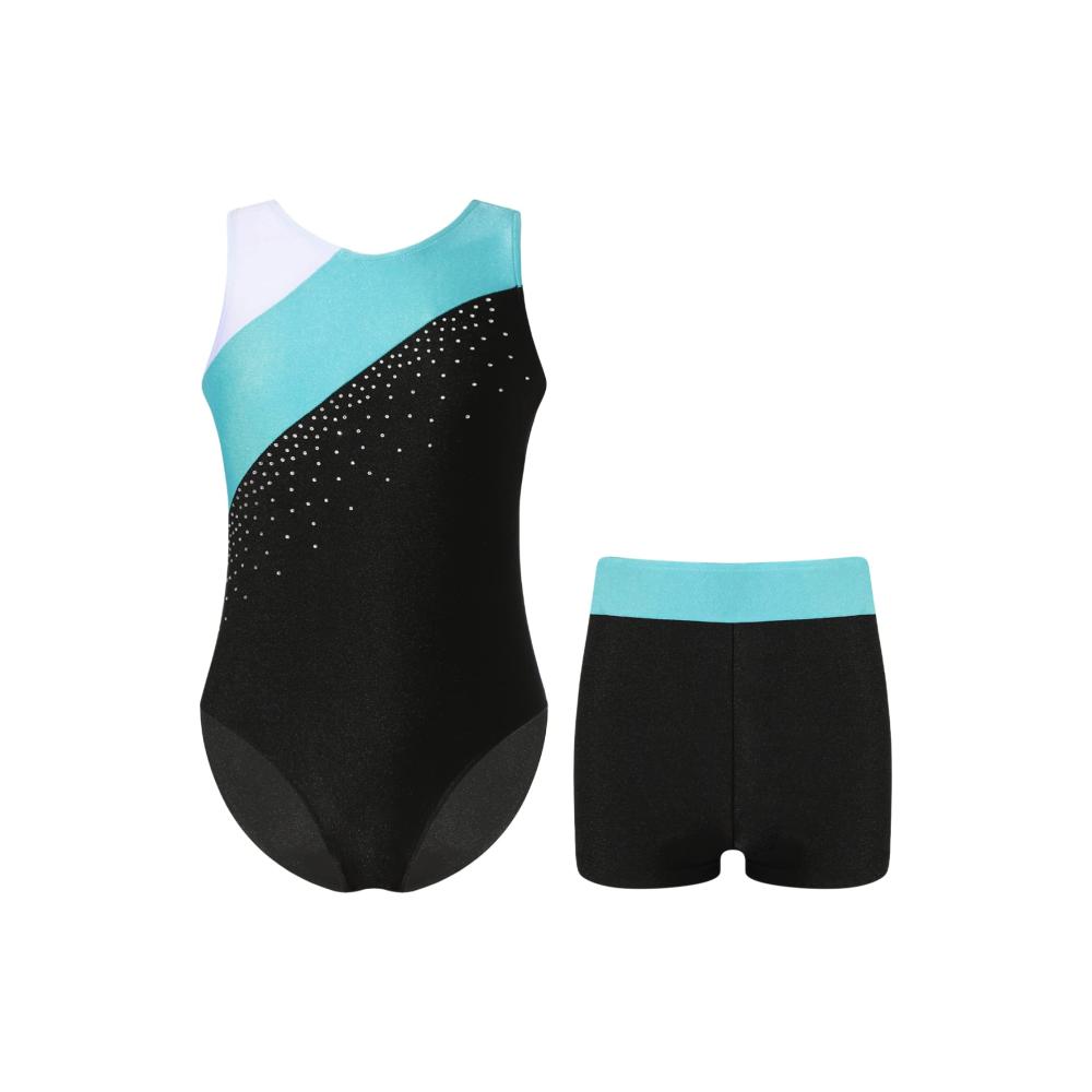 Exquisite Glitzer Leotards für junge Tänzerinnen Ballett Trikot mit Strassverzierung ärmellos mit kurzer Hose für Wettkämpfe und Ballett. Jetzt sichern