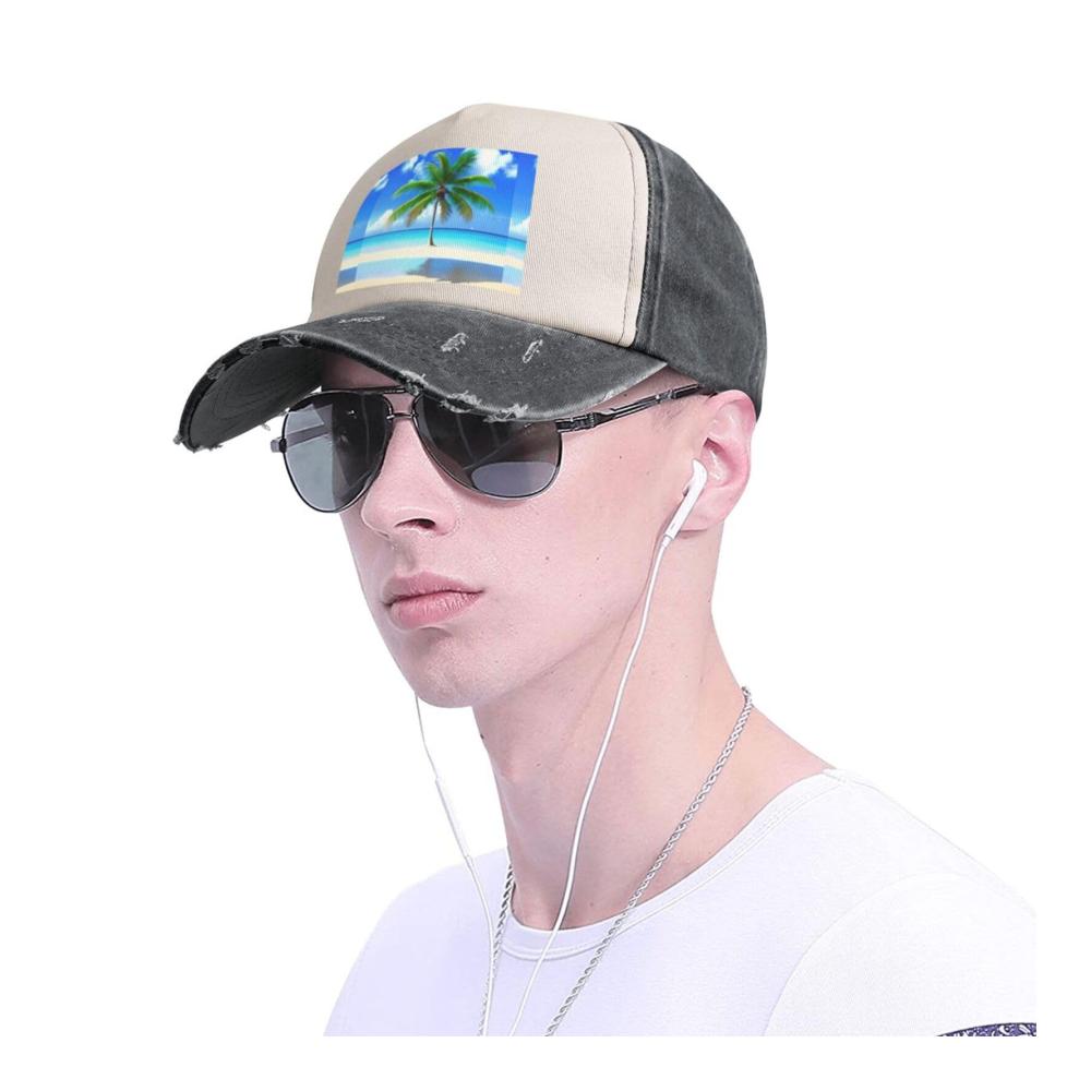 Einzigartiges Baseball Cap Stilvoll Verstellbar & Bequem. Palmen & Meerdruck auf gewaschenem Denim. Perfekt für jeden Anlass