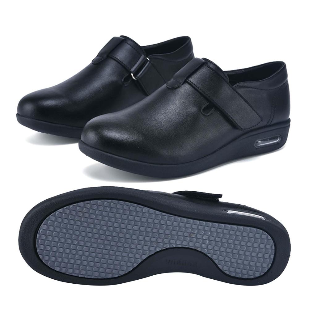 Bequeme Hausschuhe für Damen und Herren | Orthopädisch | Klettverschluss | Wasserdichtes PU-Leder | Ideal für Diabetiker | Entlastung bei Geschwollenen Füßen | Schwarz | Größe 40.5 EU