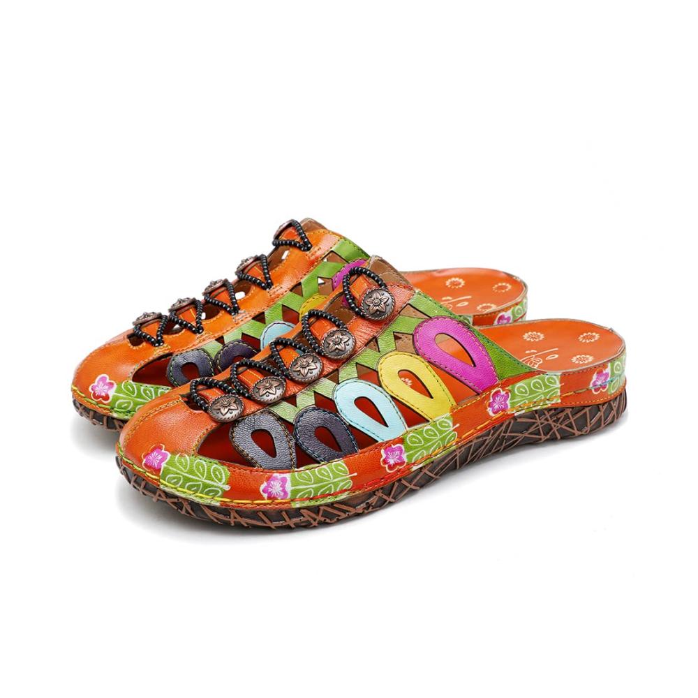 Stilvolle Damen Leder Clogs Bunte Blumen Pantoletten für einen farbenfrohen Schritt. Entdecken Sie die Eleganz von Ledersandalen mit floralen Mustern