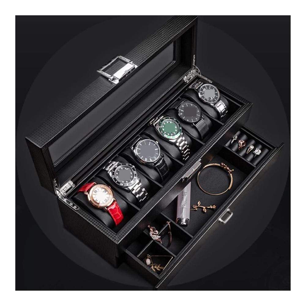 Edle Aufbewahrungsbox aus Leder für Schmuck- & Uhrensammlung mit transparenter Glasabdeckung (Schwarz 34 x 12 x 13 cm