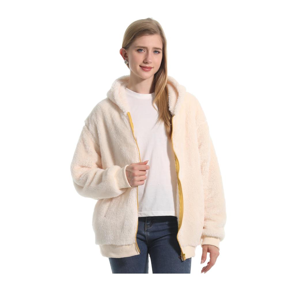 Damen Kuscheliger Kapuzenpullover aus Plüsch Fleecejacke Warm Gefüttert mit Reißverschluss Lange Ärmel Plüschmantel Winterjacke Freizeitpullover Hoodie Sweatshirt