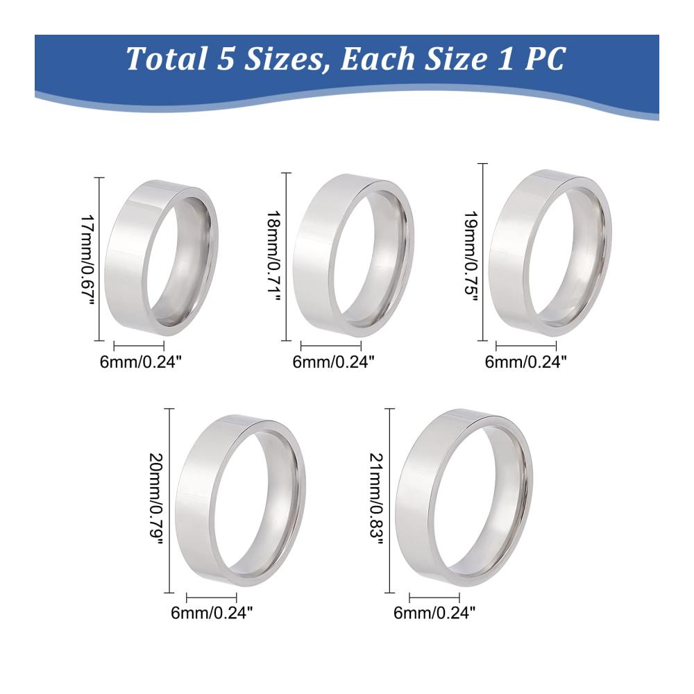 DIY Ringset 5 Stücke 5 Größen 304-Edelstahl einfach flach für Frauen & Männer. Perfekt für DIY-Fingerringherstellung! (Innendurchmesser 17~21 mm