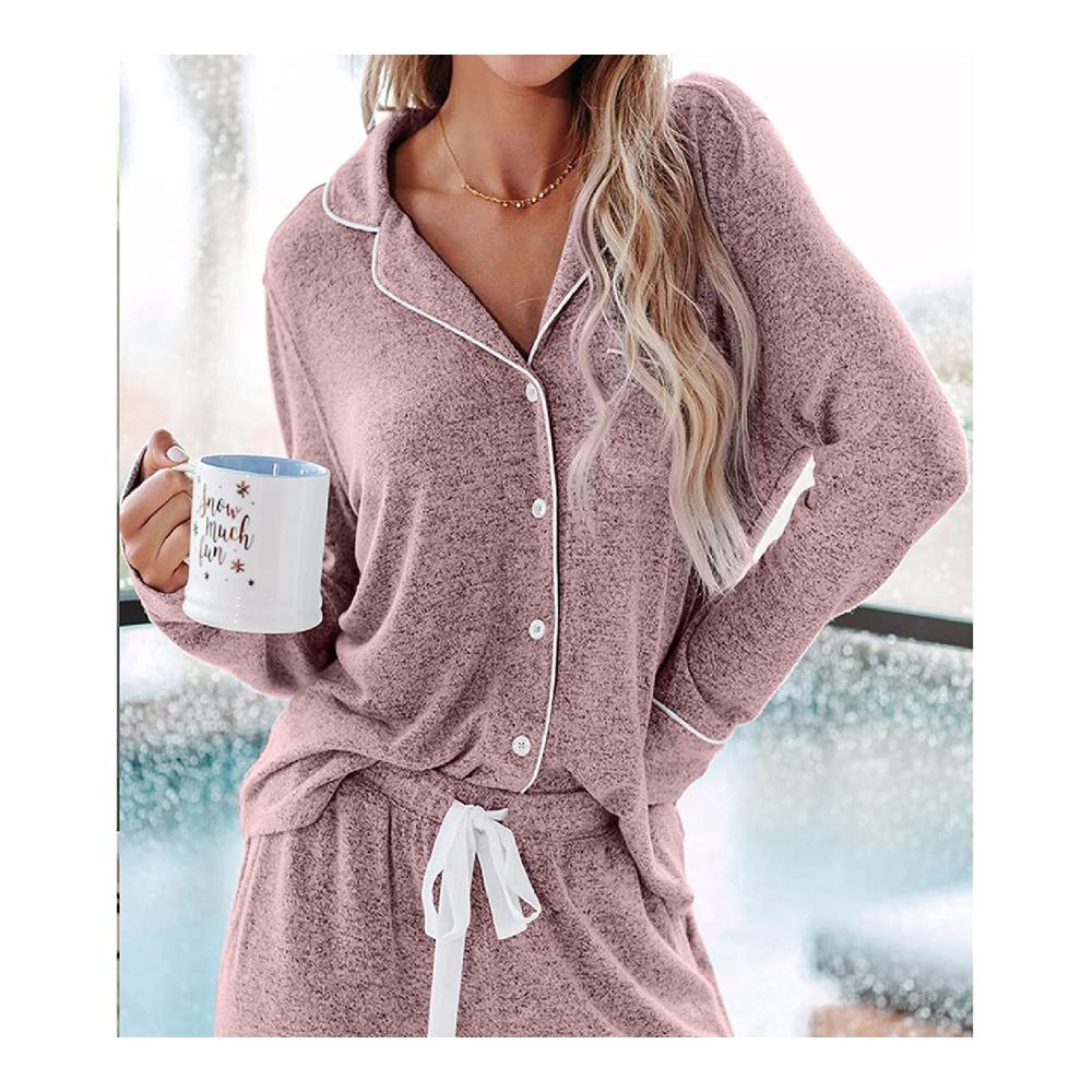 Entspannen Sie stilvoll Damen Schlafanzug Pyjama Damen Winter V-Ausschnitt - Super Soft und Bequem für gemütliche Nächte. Perfekt für Zuhause in Rosa Größe XL