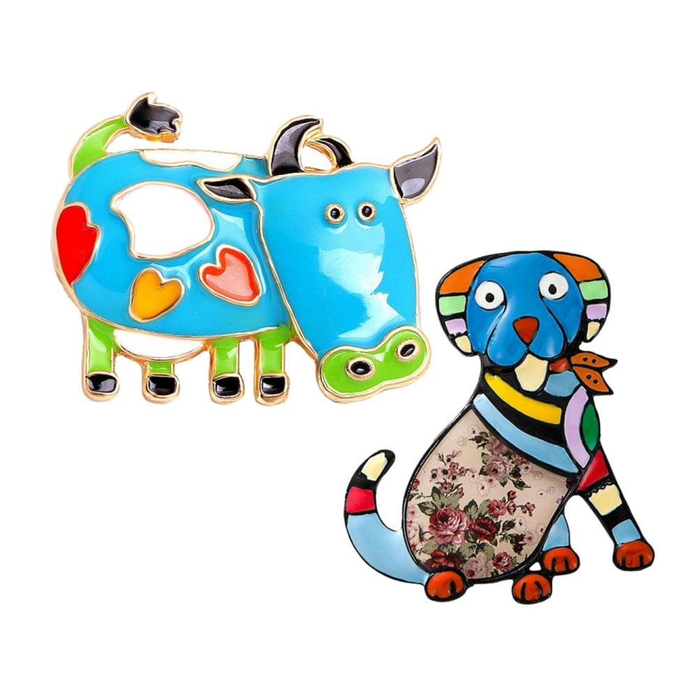 Einzigartige 2-teilige Set Niedliche Cartoon Broschen & Anstecknadeln für Damenjacken und Tücher - Hochwertige Emaille Pins in Hund- und Bogenmotiven