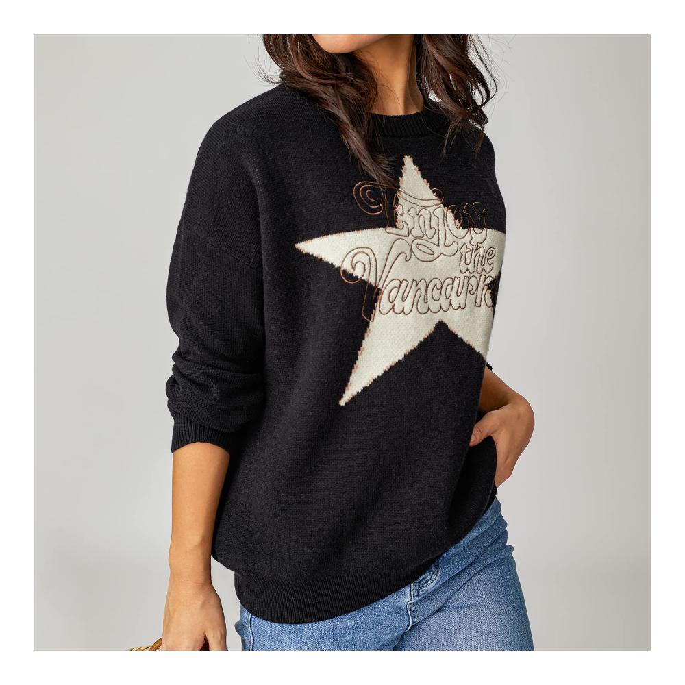 Einzigartiger Damen Vintage Stern Pullover Leicht Oversized mit Buchstaben-Druck! Stilvoller Langarm Rundhals-Strickoberteil