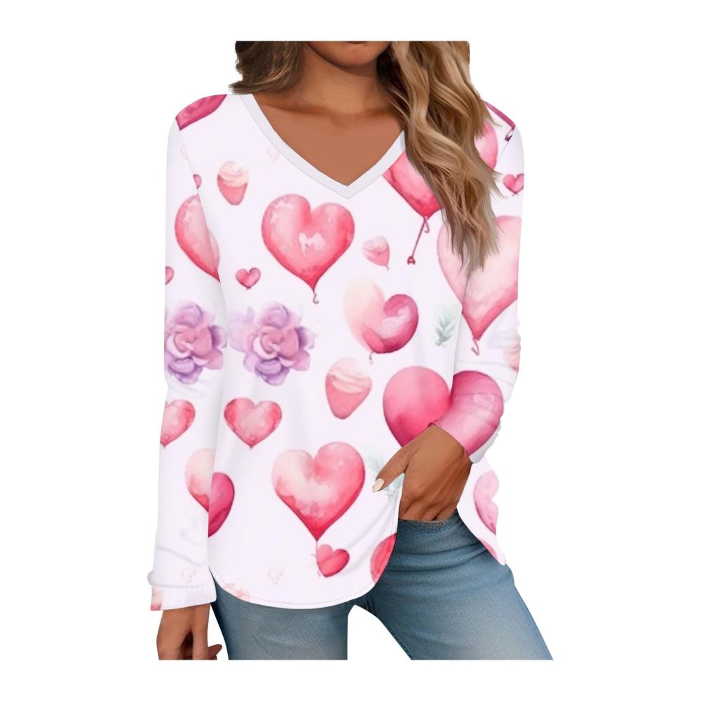 Bedrucktes Top mit V-Ausschnitt und Valentinstagsmotiv für Damen modisch lässig langarm große Größen Basic-Oberteile für Herbst Winter und Alltag