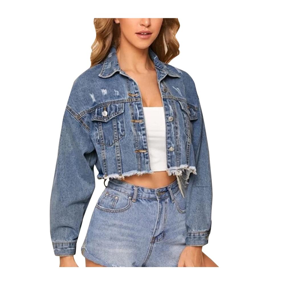 Damen Jeansjacke im abgenutzten Look mit Reißverschluss Oversized-Fit Plus Size und Taschen Oversized Denim-Jacke mit Kordelzug und Kettendetails
