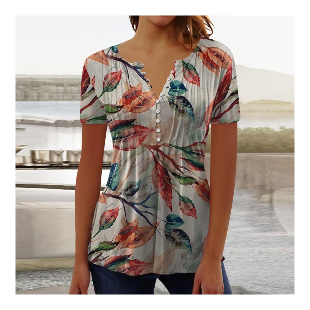 Erfrischender Sommerstil Damen Oversize T-Shirt mit V-Ausschnitt Knopfleiste und Blumendruck. Perfekt für lässige Tage