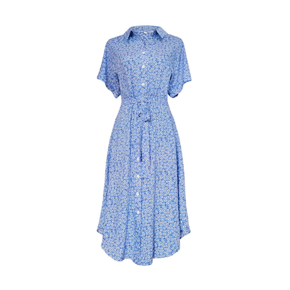 Damen Freizeit Sommerkleid Midi Länge Boho Blumendruck V-Ausschnitt Knopfleiste Gürtel A-Linie ausgestellter Saum. Perfekt für warme Tage