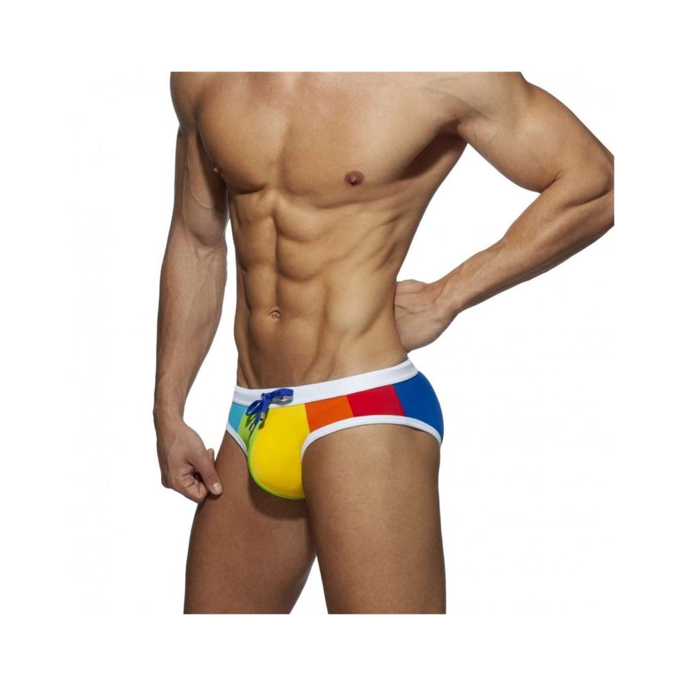 Entdecke den ultimativen Style Badehosen für Herren – Regenbogen-Dreieck Strandshorts niedrige Taille enganliegend und aus dickem Nylon. Hol dir deinen perfekten Bikiniunterteil jetzt