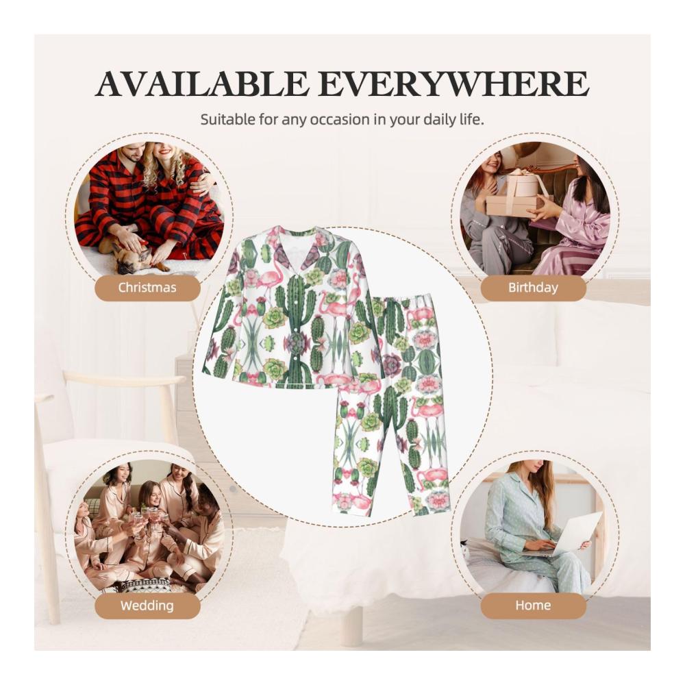 Damen-Schlafanzug Rosa Flamingo und Sukkulenten-Motiv Langärmelig Bequem und Stilvoll für die Nachtruhe Perfektes Geschenk für Entspannte Nächte