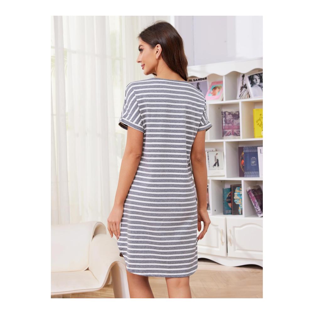 Gemütliche Nächte Damen Nachthemd aus 95% Baumwolle mit Streifenmuster und praktischen Taschen - Perfekte Loungewear für erholsamen Schlaf