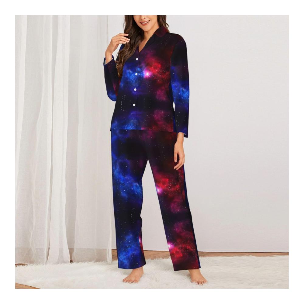 111 Damen Pyjama lang rot blau mit dunkelblauem Galaxie Print Nachthemd Oberteil und Hose gemütliche Nachtwäsche