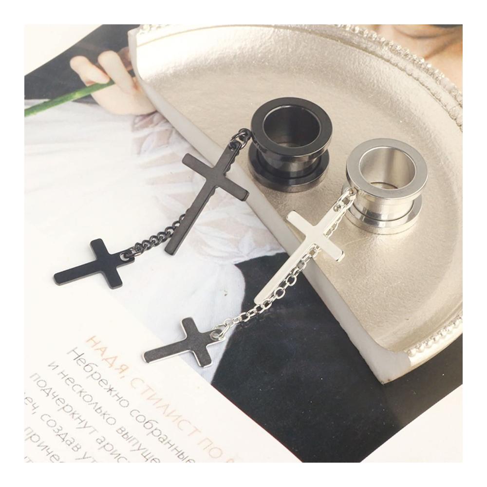 Hochwertiges 2er Set Silber-Schwarz Tunnel Ohrringe mit Kreuz-Anhänger und Kette - Eleganter Edelstahl Piercing-Schmuck für Ohr Tunnel 6mm-25mm. Perfektes Accessoire
