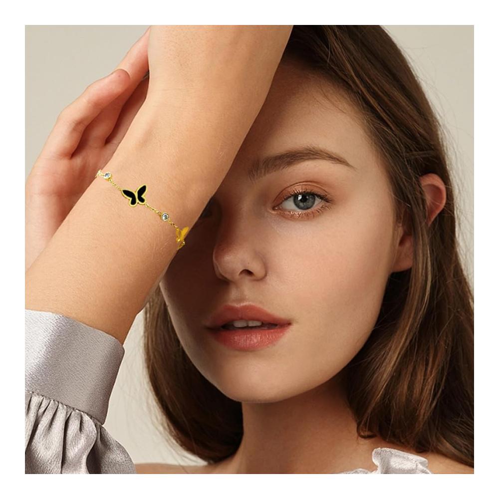 Armband Schmetterling Damen Verstellbar Edelstahl Vergoldet mit Zirkonia Stein und Cut Out Design Freundschaftsarmband für Sie Schmuck Geschenk