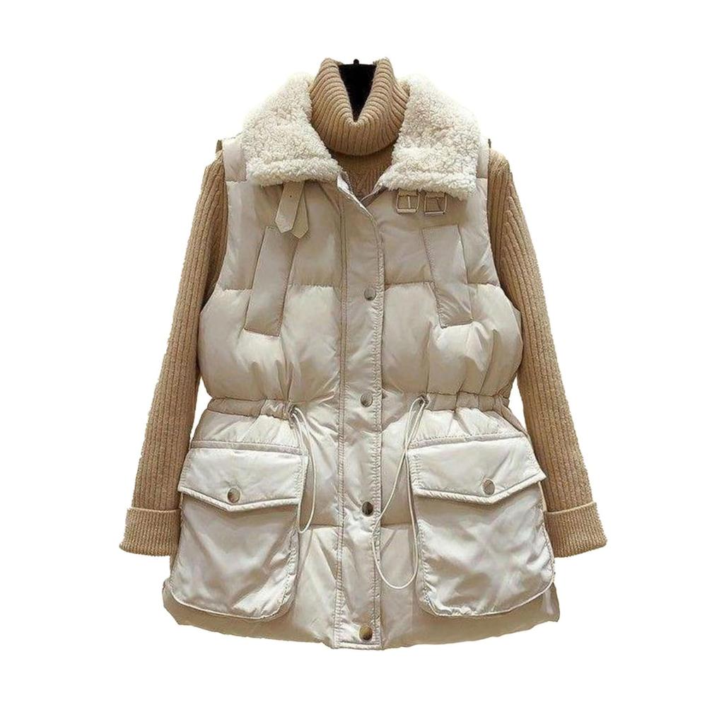 Stylische Damen-Pufferweste mit Pelzkragen für den Winter - Warme ärmellose Woll-Daunenweste mit 2 Pattentaschen und Kordelzug - Perfekte Oberbekleidung für kalte Tage
