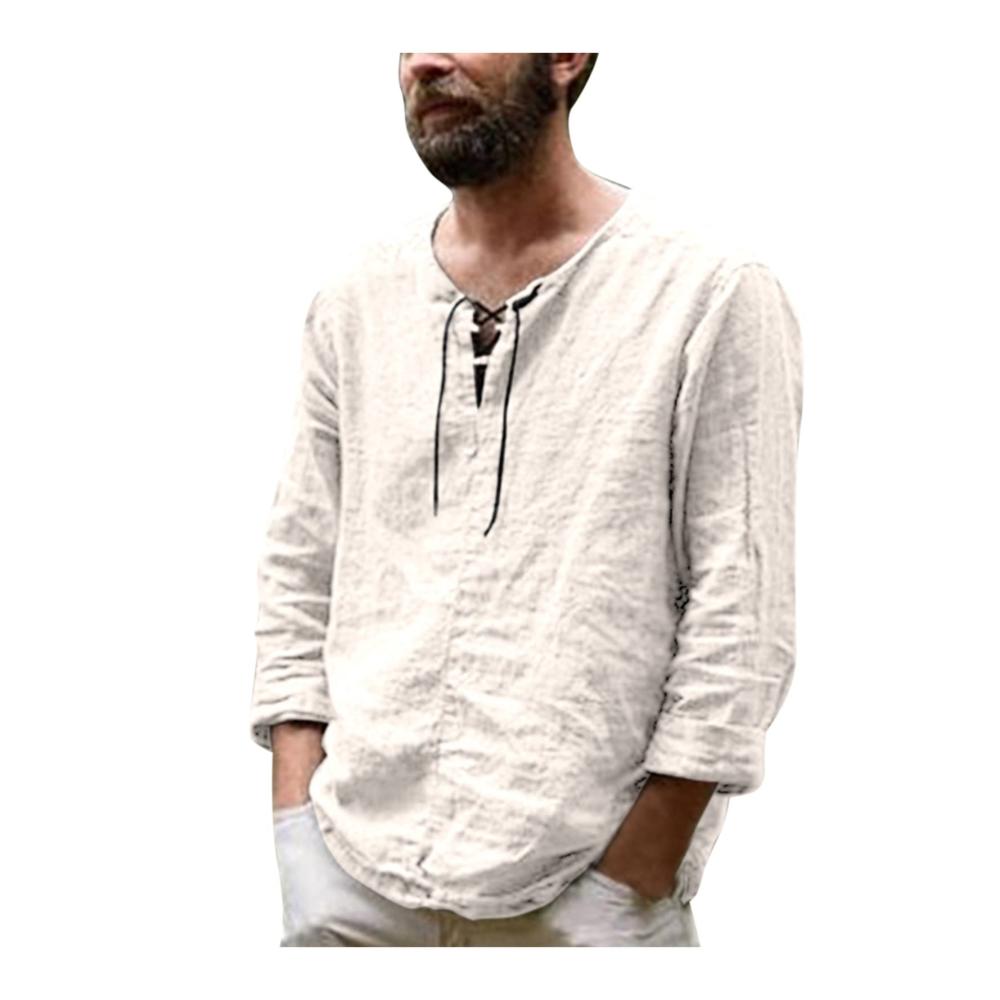 Freizeithemden für Herren | Mittelalter Schnürhemd Langarm | Sommerhemd aus Leinen | Einfarbig Regular Fit | Collarless Hemd Sweatshirt