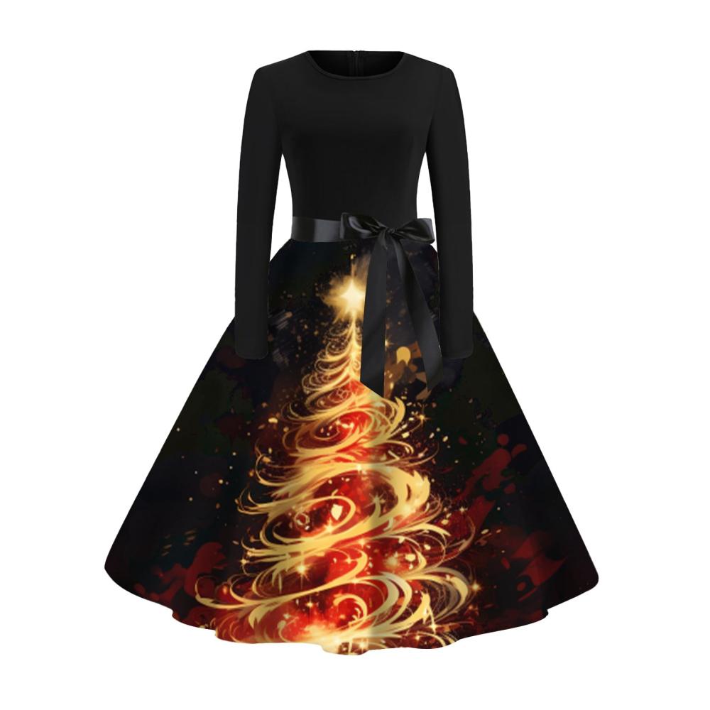 Kleider Damen Weihnachtskleider Langarm Weihnachtskleid Vintage Hepburn A-Linie Swing Kleid Weihnachtsparty Elegant Druck Damen-Rock Christkleid Cocktailkleid Silvesterkleid