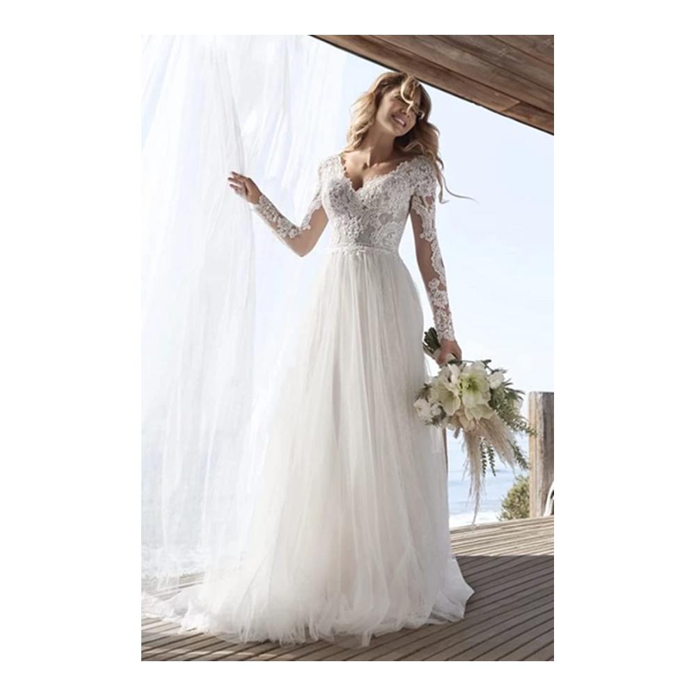 Entzückendes Damen Strand Boho Tüll Brautkleid Romantische Spitze Lange Ärmel A-Linie - Perfekt für die moderne Braut. Jetzt zugreifen und stilvoll strahlen