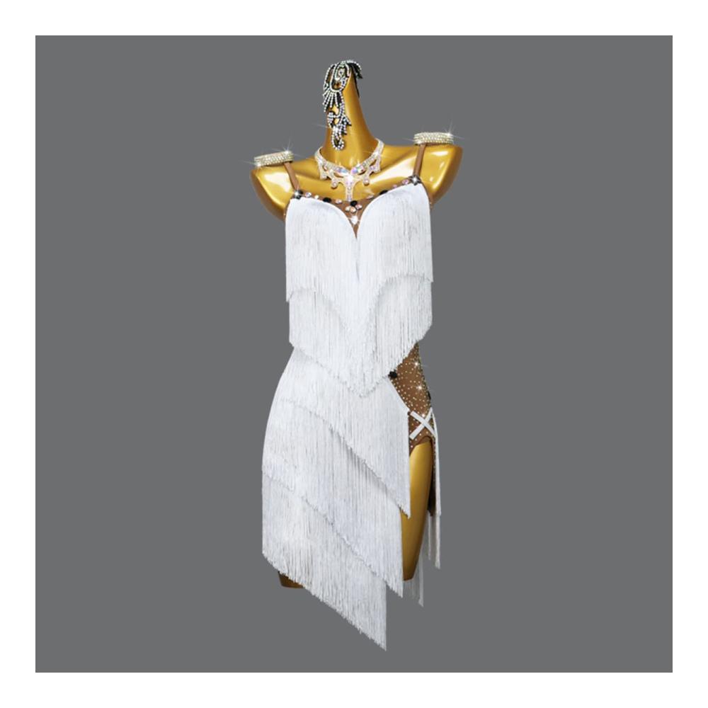 Elegantes Latein Turnierkleid Rückenfrei Fransen & Schlitz. Perfekt für Salsa Samba & mehr. Weißes Kleid ideal als Geschenk für Frauen