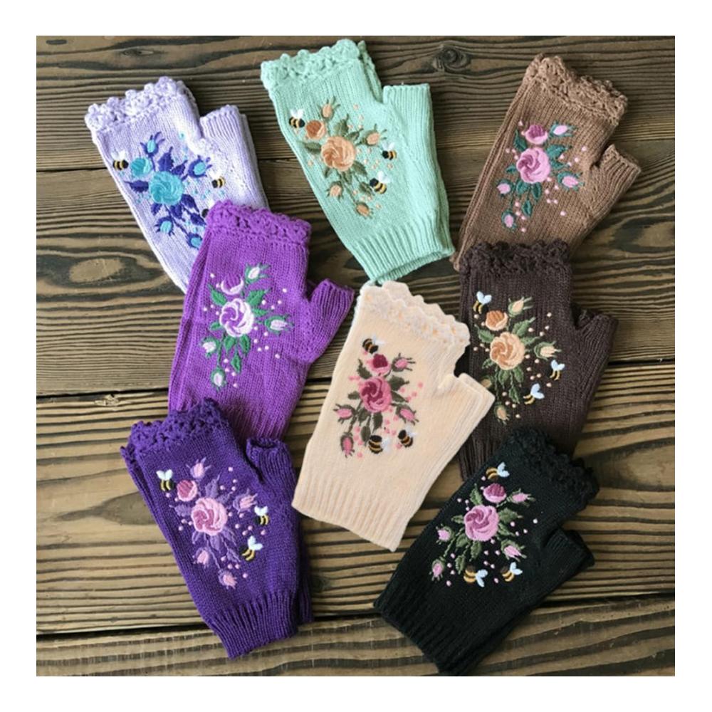 Entzückende Handbestickte Handschuhe für Damen Blumenmuster Warm & Stilvoll | Trendige Strickhandschuhe & Fingerlose Handschuhe für Herbst & Winter