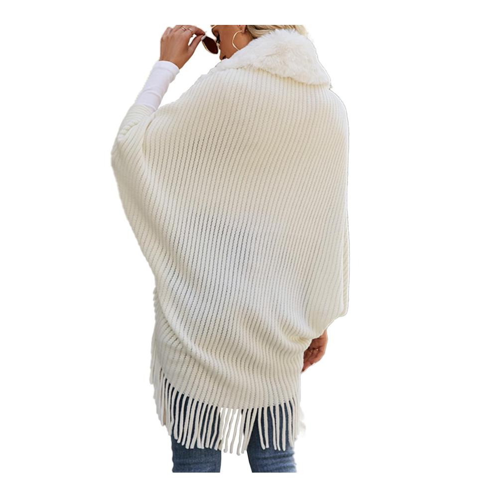 Eleganter Strick Poncho mit Quaste und Pelzkragen – Damen Umschlagtuch für stilvolle Wärme und Komfort. Gehäkelter Cape Cardigan als vielseitiger Mantel perfekt für jede Gelegenheit