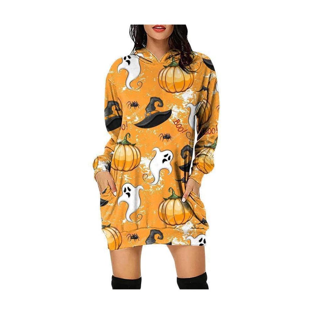 Elegantes Halloween-Kleid Damenmode mit Kapuze Langarm und V-Ausschnitt. Stilvoll bedruckt verleiht es jedem Anlass Charme und Originalität. Perfekt für einen auffälligen Look