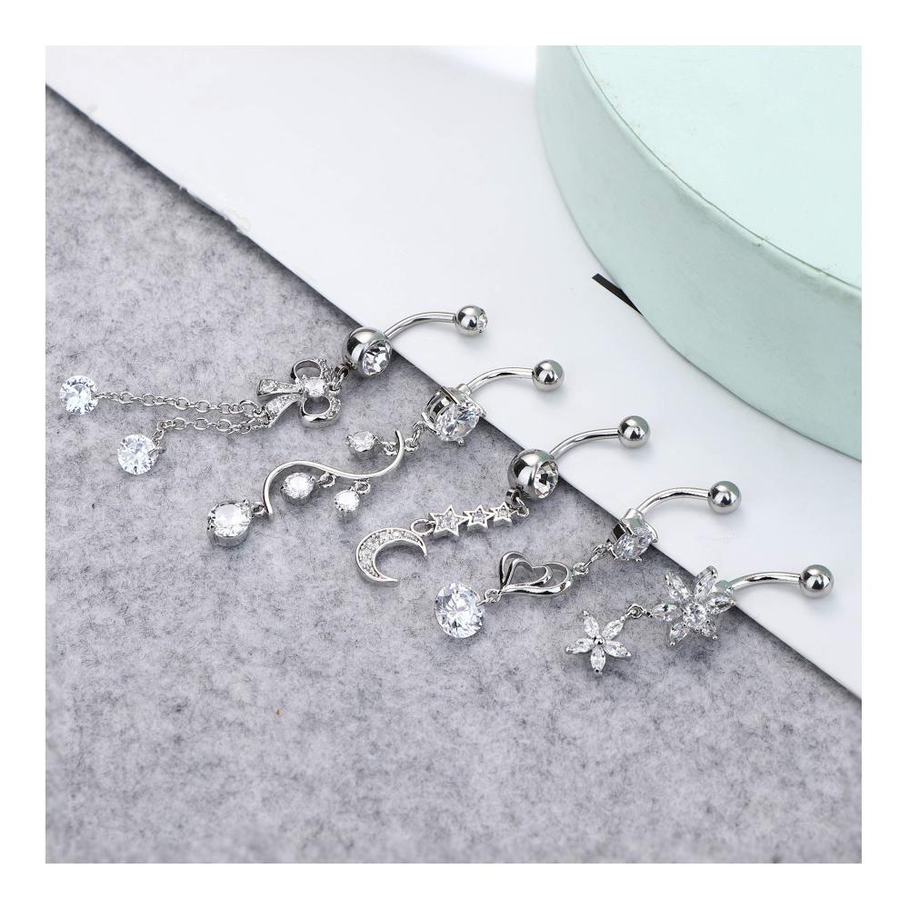 Erleuchten Sie Ihren Bauch mit Bananabells 7 Stücke Bauchnabelpiercing-Set Chirurgenstahl funkelnde CZ mondige Sterne Perlbaumel 14G Piercing-Körperschmuck von LOLIAS