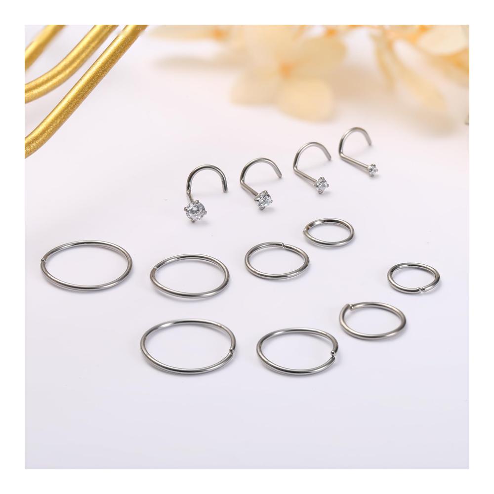 Elegante Vielfalt 12er Set 20G Nasenpiercing Ringe - Dünn Spirale L-Form - Fake Septum Helix Tragus CZ - Nasenringe in Gold & Silber