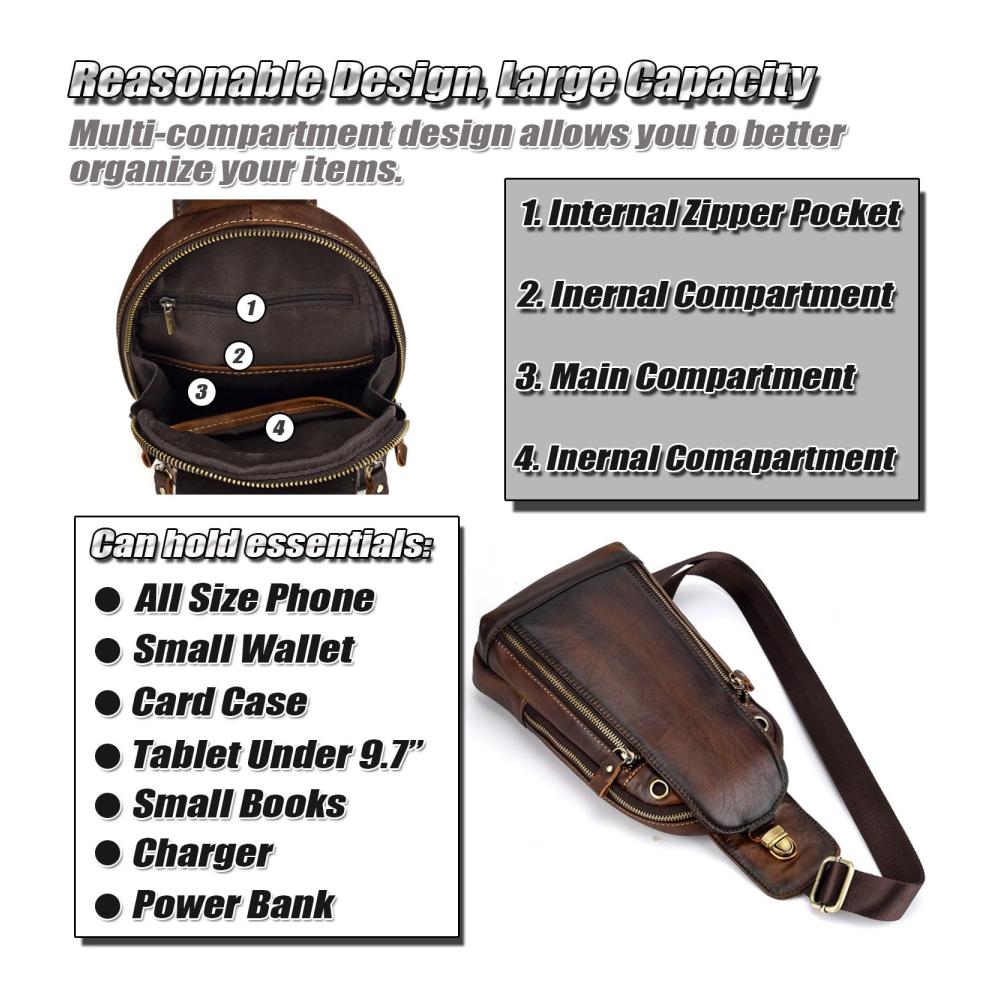 Stilvoller Vintage Leder Schultertasche für Männer - Praktischer Mehrzweck Herren Brusttasche - Idealer Reisebegleiter als Schulter-Rucksack für Tablets bis 97 Zoll