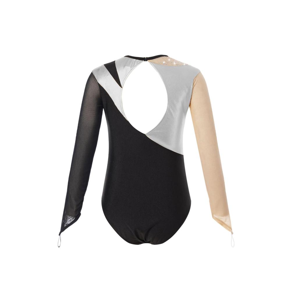 Eleganter Mädchen Ballettanzug Langarm Leotards mit Strass und Glitzer. Perfekt für Wettkämpfe und Tanz. Stilvoller Stehkragen und Patchwork-Design für ultimativen Komfort