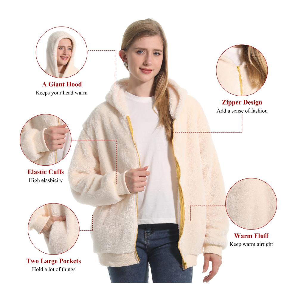Damen Kuscheliger Kapuzenpullover aus Plüsch Fleecejacke Warm Gefüttert mit Reißverschluss Lange Ärmel Plüschmantel Winterjacke Freizeitpullover Hoodie Sweatshirt