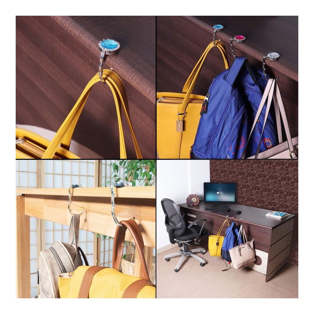 Erhalten Sie Ordnung und Stil mit unserem Foldable Handbag Hanger Holder Set. Praktisch platzsparend und elegant - 4 Stück für Ihr Büro oder unterwegs. Jetzt Ihre Handtaschen sicher aufbewahren