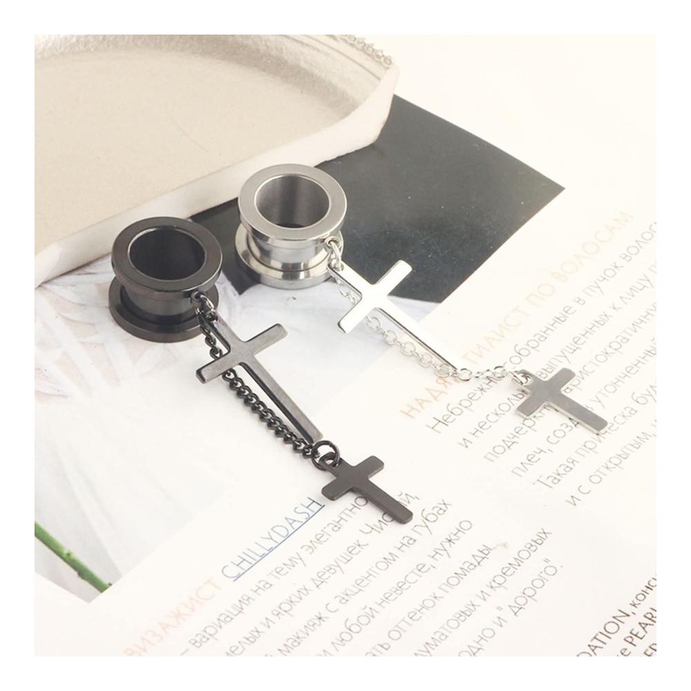 Hochwertiges 2er Set Silber-Schwarz Tunnel Ohrringe mit Kreuz-Anhänger und Kette - Eleganter Edelstahl Piercing-Schmuck für Ohr Tunnel 6mm-25mm. Perfektes Accessoire