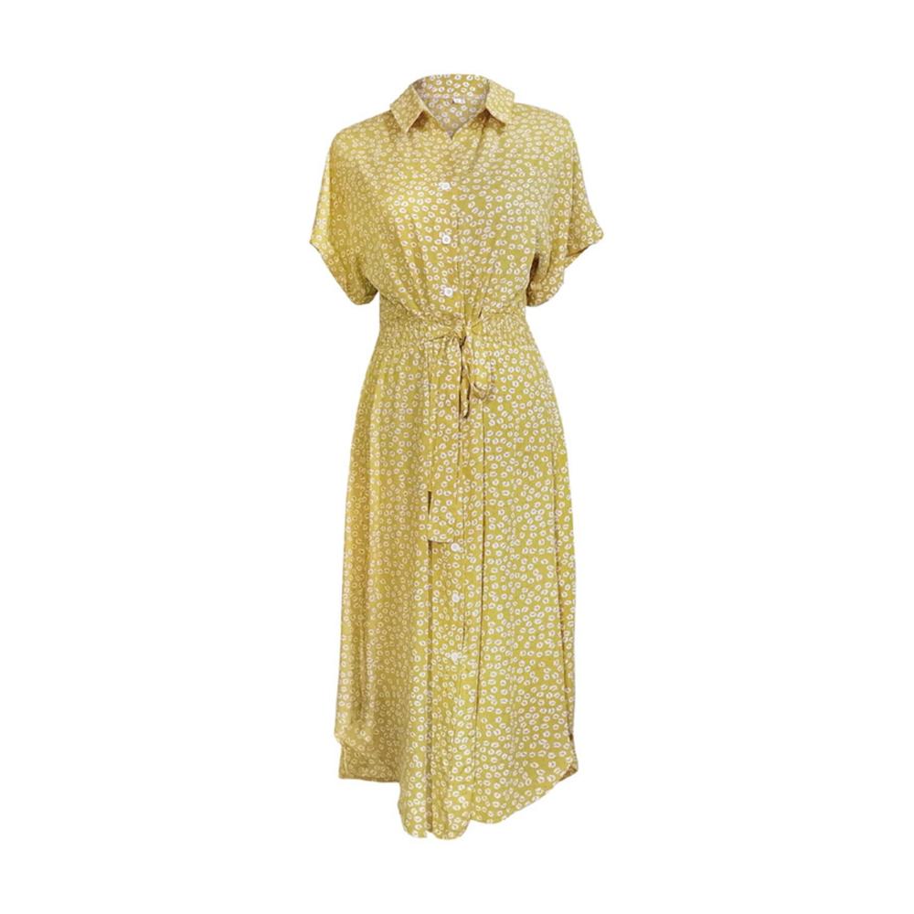 Damen Freizeit Sommerkleid Midi Länge Boho Blumendruck V-Ausschnitt Knopfleiste Gürtel A-Linie ausgestellter Saum. Perfekt für warme Tage