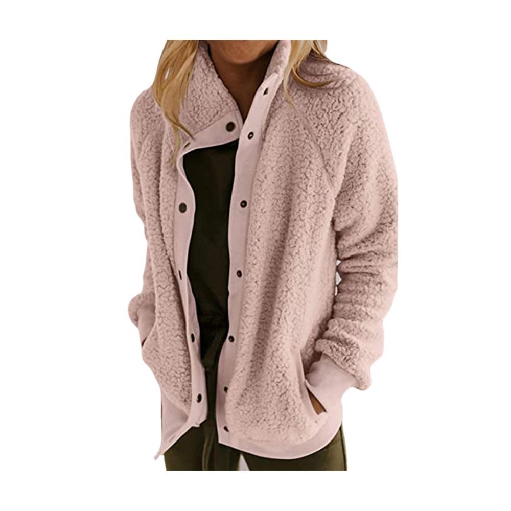 Damen Winter Plüschjacke mit Knopf lange Ärmel Outerwear 2021 Einfarbige warme Sherpajacke extra gefüttert und bequem (Farbe F Größe L
