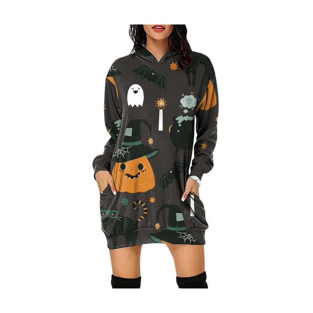 Elegantes Halloween-Kleid Damenmode mit Kapuze Langarm und V-Ausschnitt. Stilvoll bedruckt verleiht es jedem Anlass Charme und Originalität. Perfekt für einen auffälligen Look