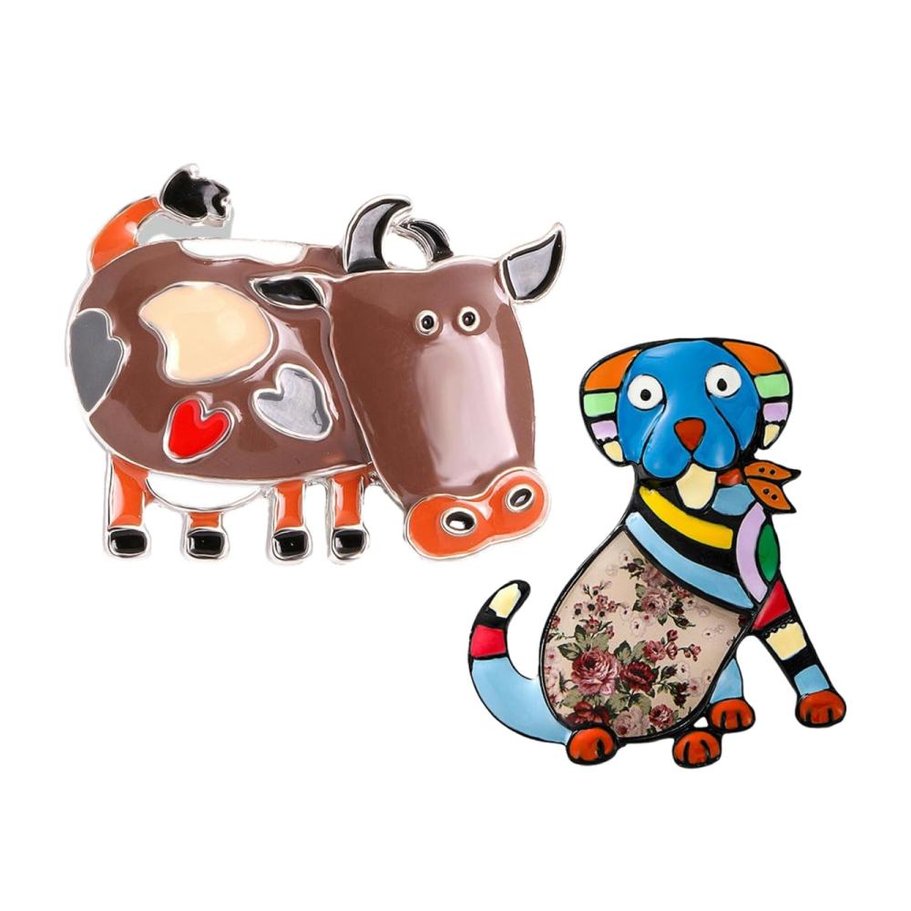Einzigartige 2-teilige Set Niedliche Cartoon Broschen & Anstecknadeln für Damenjacken und Tücher - Hochwertige Emaille Pins in Hund- und Bogenmotiven