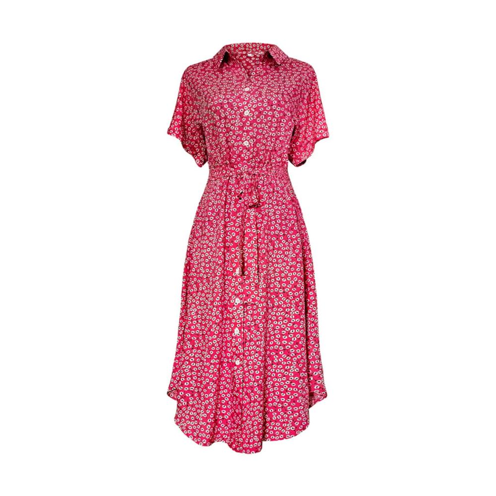 Damen Freizeit Sommerkleid Midi Länge Boho Blumendruck V-Ausschnitt Knopfleiste Gürtel A-Linie ausgestellter Saum. Perfekt für warme Tage