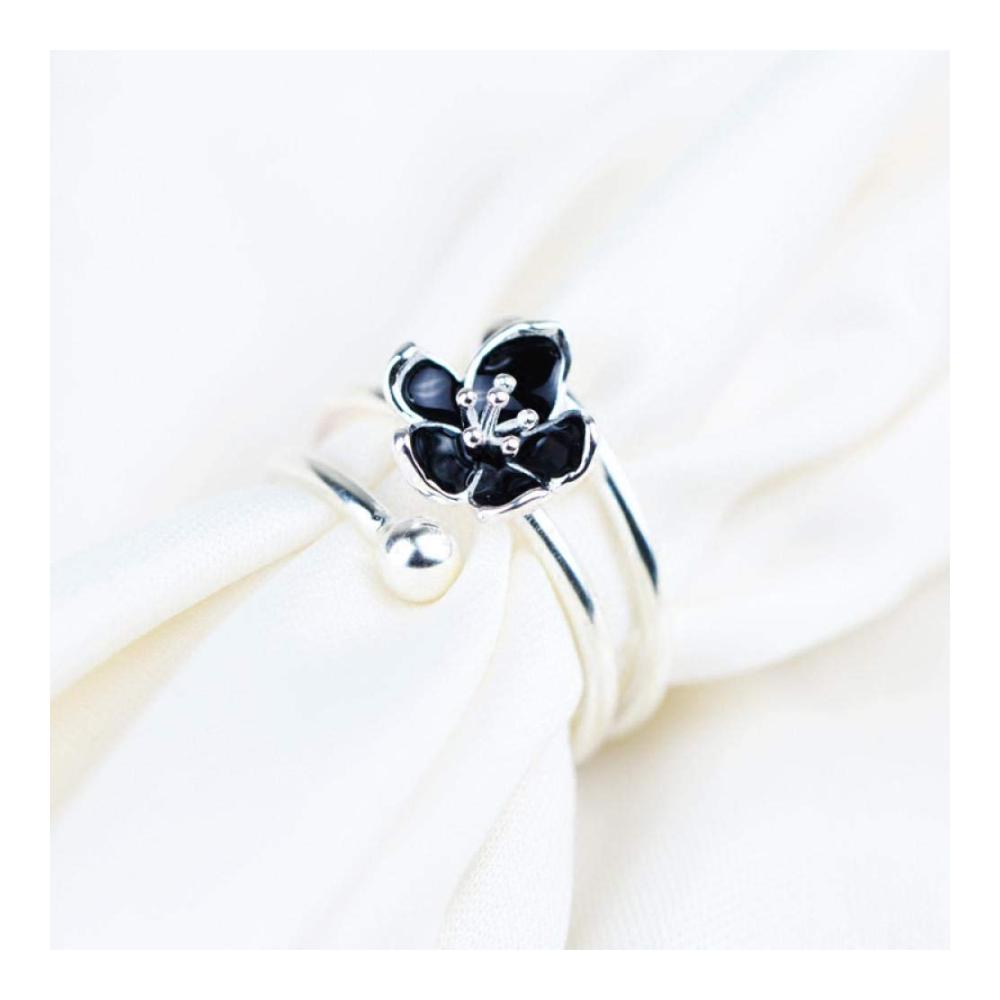 Elegante Damen Ringe 925 Sterling Silber Luxus mit Schwarzen Kirschblüten - Verstellbarer Sakura Schmuck für Retro-Liebhaberinnen