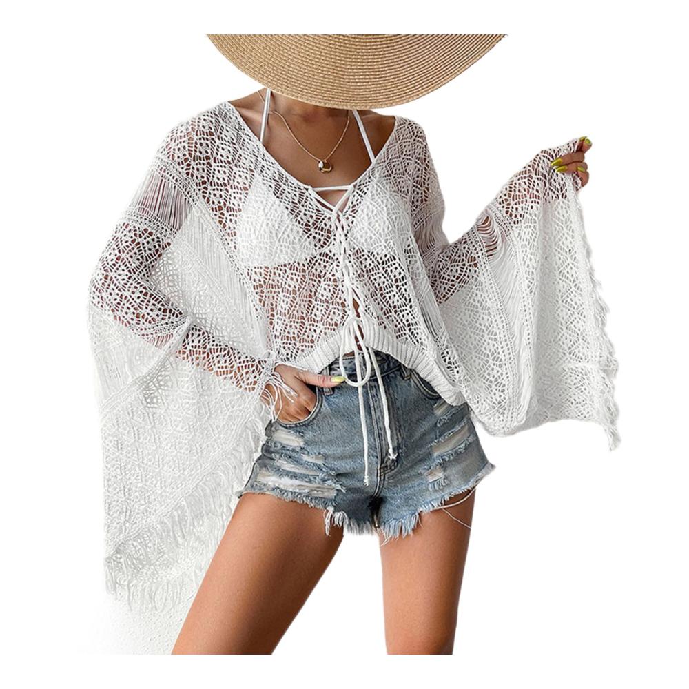 Elegante Pareos & Strandkleider Stilvolle Cover Ups für den perfekten Strandlook! Gehäkelte Pagodenärmel & offene Vorderseite für einzigartige Strandkleidung