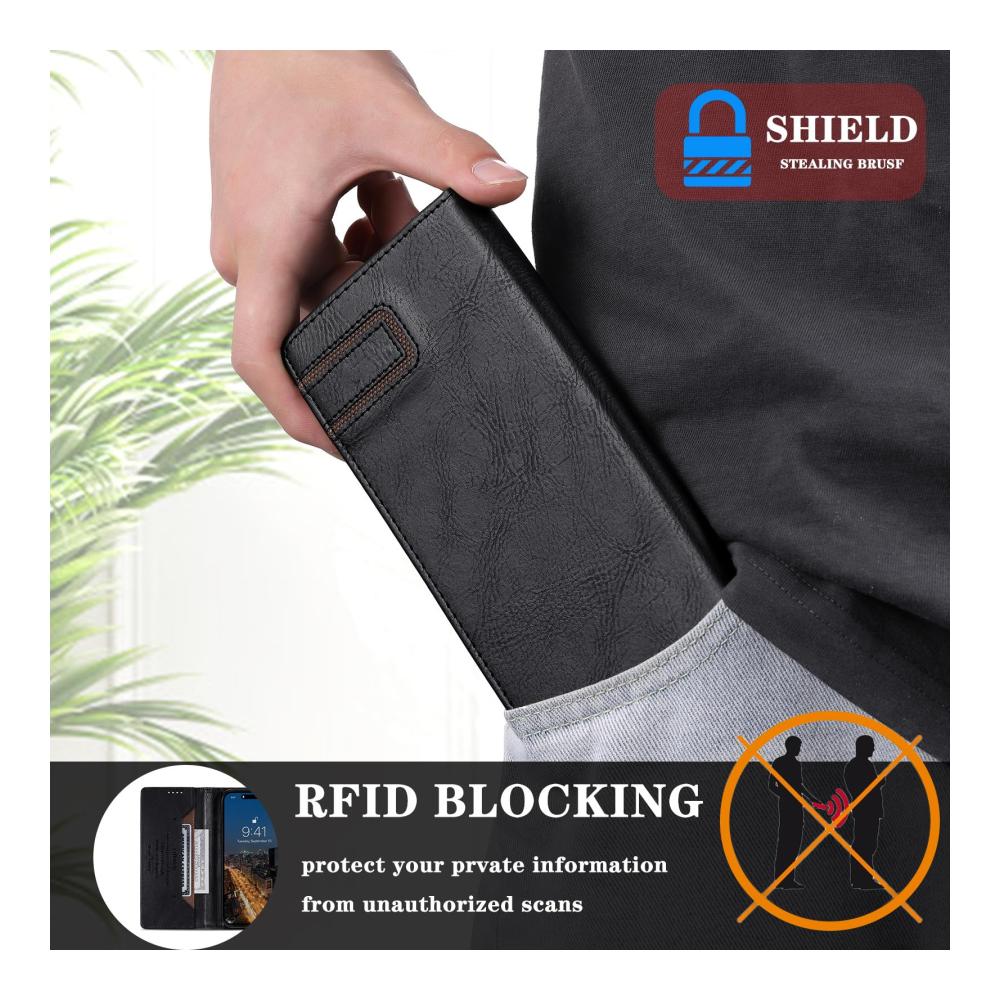 Stilvoller Schutz Premium Leder Kreditkartenhülle für iPhone 14 Serie - Magnetische Abdeckung RFID-Blockierung Ständerfunktion - Grau 14.6 Zoll