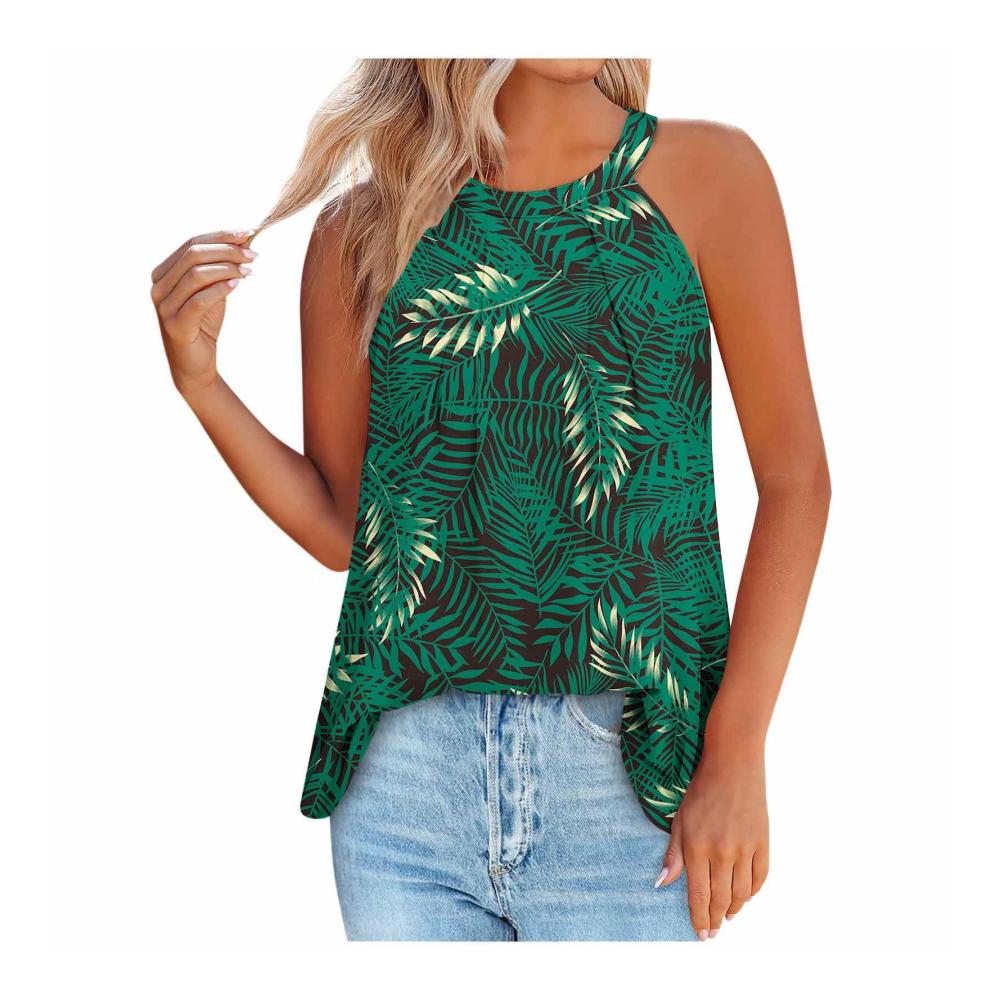 Damen Tanktops & Trägertops Elegante Blumenmuster-Shirts ärmellose Pullover im Sommer dünne Baumwollt-Shirts mit O-Ausschnitt als Basic- oder Sport-Tops